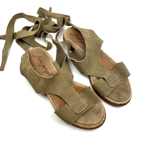 Free People Sage Green Suede Ankle Wrap Tie Bohemian Sandals size 8.5 - Picture 4 of 9